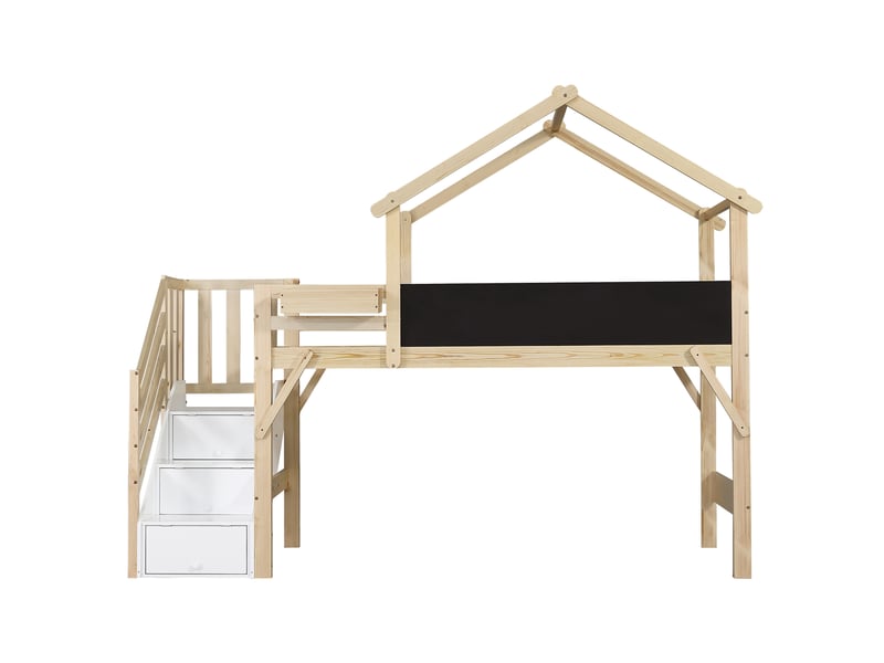  Lit superposé pour enfant avec barrière de sécurité et protection antichute, toit au design original, tableau noir à peindre, 3 casiers dans l'escalier, pin, mdf et contreplaqué, blanc et naturel, 90 x 200 cm  - Conforama D