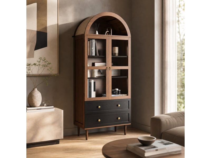 Buffet haut rétro en mdf et verre, 2 portes et 2 tiroirs, coloris noyer  - Conforama C