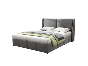 Lit rembourré, tête de lit en forme d'oreille avec coussin, lit double, lit fonctionnel hydraulique, 140 x 200 cm, gris