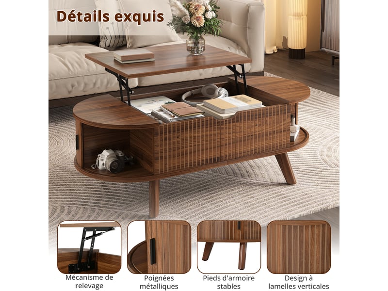 Table basse relevable ovale 110 x 50 x 53,5 cm avec plateau relevable, grand rangement caché et 2 portes coulissantes, mdf, noyer OMNIGLINT TRADING LTD - Conforama E