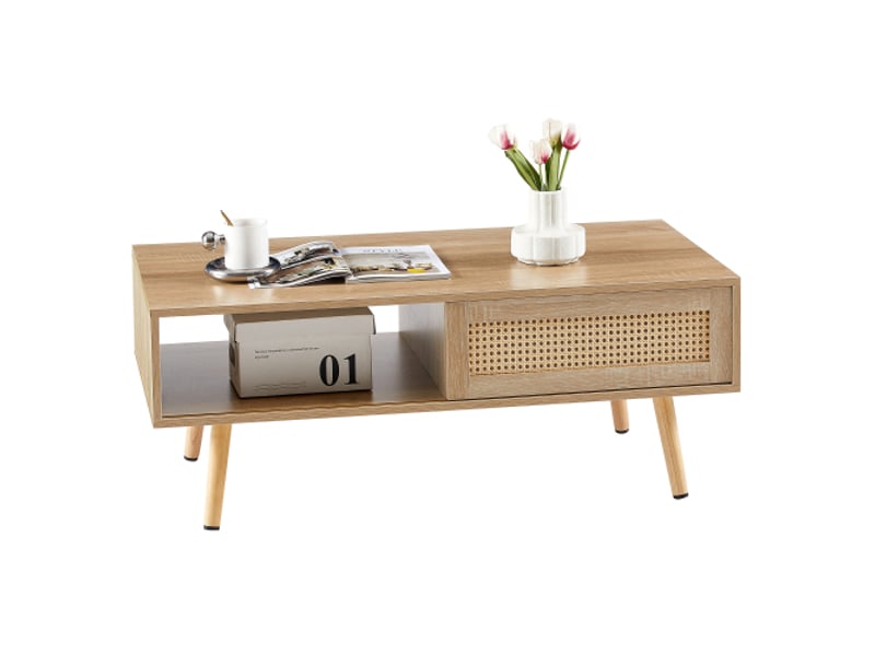  Table basse en osier tressé, portes coulissantes, pieds bois massif, design moderne, couleur naturelle, h40xl105xp55 cm  - Conforama A