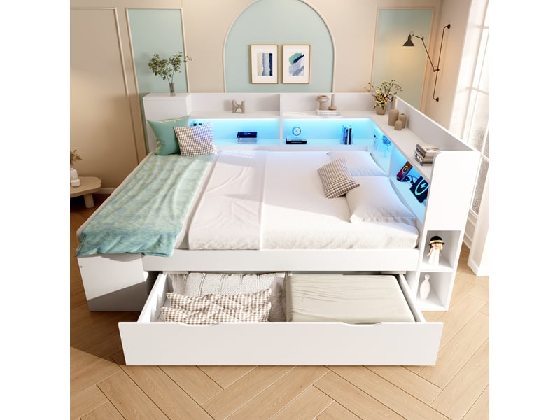  Lit banquette 140 x 200 cm blanc avec matelas, led, rangements et ports usbusb-c  - Conforama C