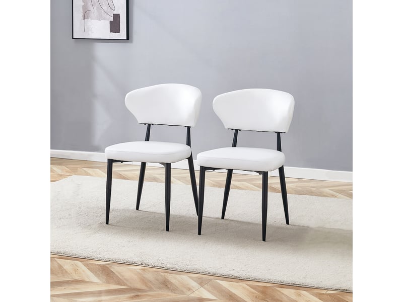  Lot de 2 chaises de salle à manger ergonomiques  - dossier courbé, piètement métal, simili cuir blanc et noir  - Conforama B