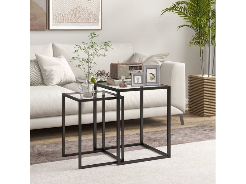  Tables gigognes de salon avec 2 tables, structure empilable, plateau en verre trempé et pieds en acier, noir  - Conforama B