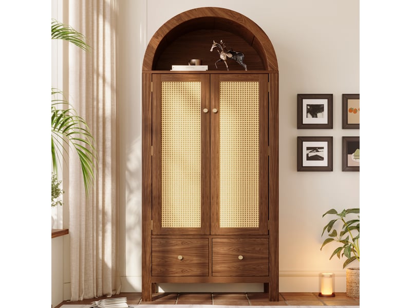  Armoire penderie 181x78x45 cm avec 2 portes en rotin, armoire de chambre avec fermeture magnétique, 2 tiroirs, tringle et niche arrondie, effet noyer Seren Glow - Conforama D