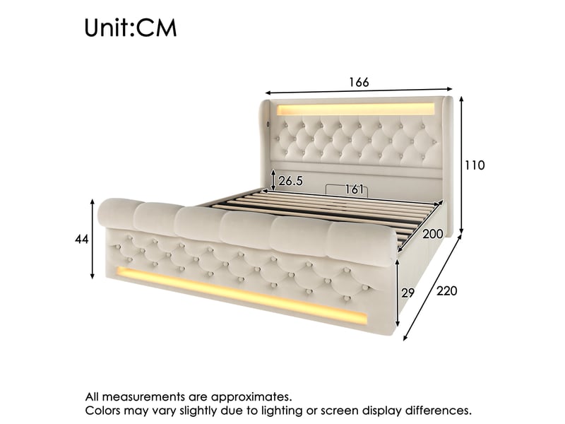  Lit double 160 x 200 cm beige en velours avec led, charge usbtype-c et matelas  - Conforama E