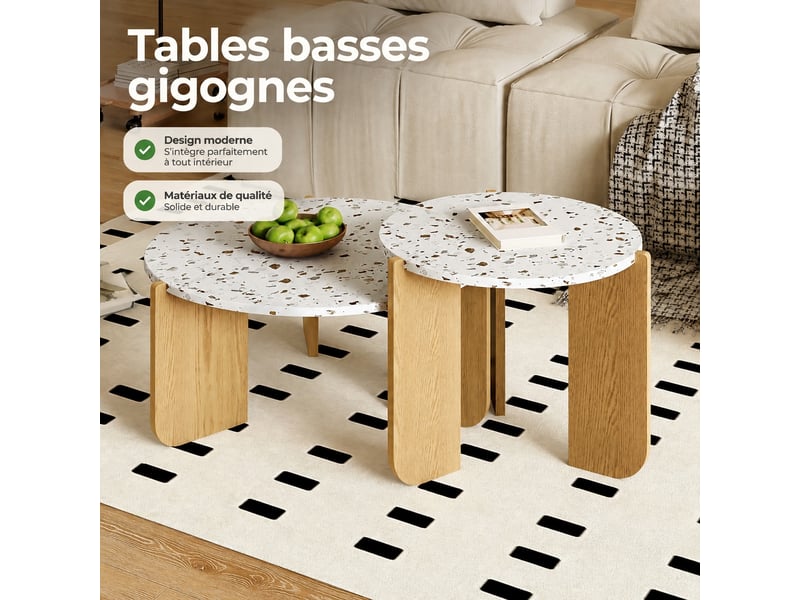  Ensemble de 2 tables basses rondes gigognes, motifs décoratifs blancs et bois naturel, ø 70 et 50 cm  - Conforama B