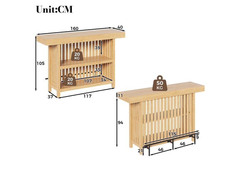 Table de bar 160x40x105 cm avec repose-pieds et rangement 2 niveaux en mdf couleur naturel, confort optimal  - Conforama C