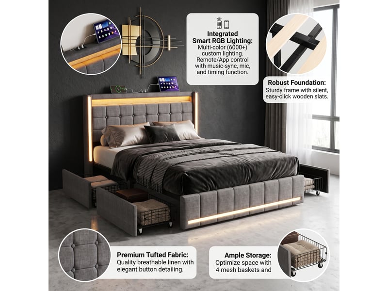 Dreammespace lit double standard 140x190 cm avec 4 tiroirs et prises usb type-c cadre led sommier à lattes tissu lin gris foncé DreamMespace - Conforama D