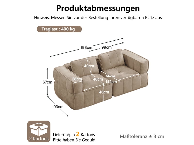  Canapé fixe, 2 places, d'angle, modulaire, en tissu, beige 198x93x67cm - Conforama D