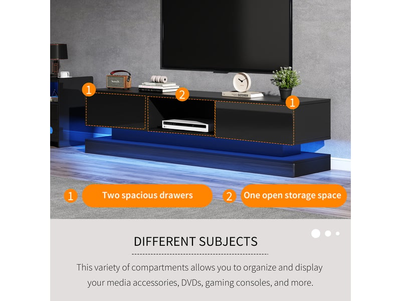 Meuble tv moderne brillant led 160 x 35 x 40,5cm,commode tv élégante avec 2 tiroirs,contrôle du app,anti-basculement,noir  - Conforama W