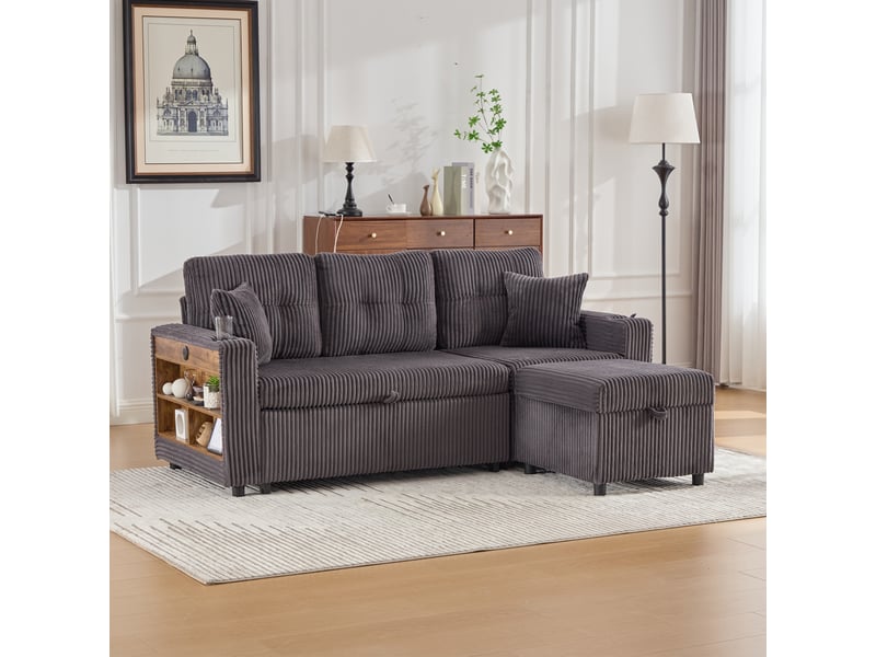  Canapé convertible 196 x 82-144 x 85 cm,coffre de rangement,usb-c, éclairage d’ambiance,porte-gobelets,accoudoirs larges,velours côtelé,gris foncé Bliss Lite - Conforama D