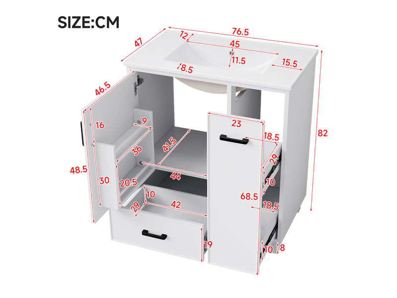  Meuble sous-vasque avec vasque céramique 1 porte 2 tiroirs blanc 76.5x47x82 cm NK000023AAK - Conforama C