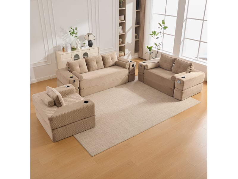 Canapé convertible 3 places avec poches, porte-gobelets et coussins mémoire en velours côtelé kaki - Conforama E
