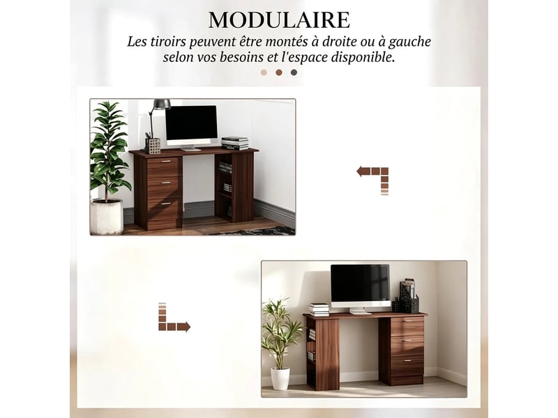  Bureau informatique noyer 120 cm avec 3 tiroirs et étagères réversibles  - Conforama D