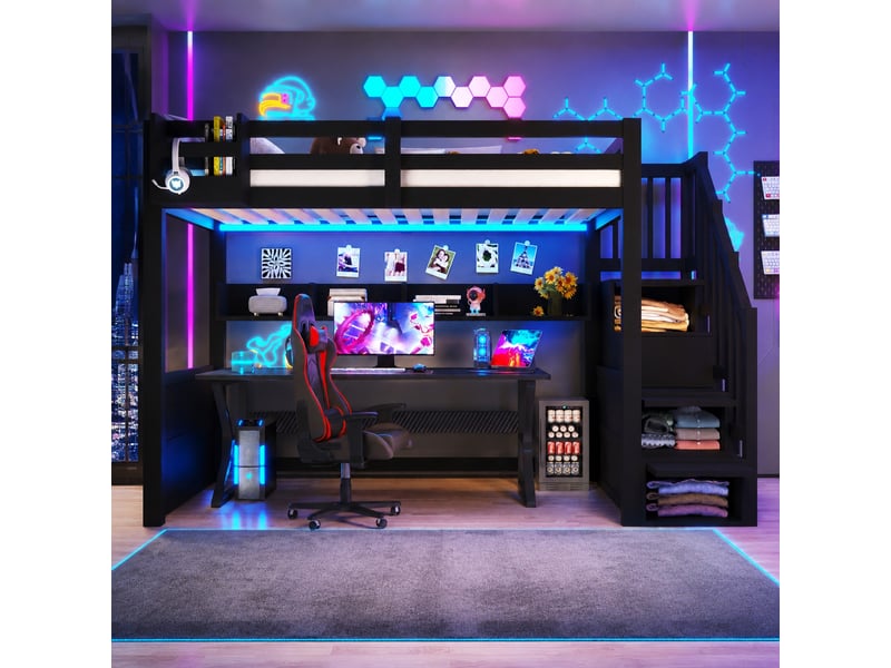  Lit mezzanine enfant simple 90×200 cm, led et rangements - okmyhome- escalier, sans matelas, bois noir  - Conforama B