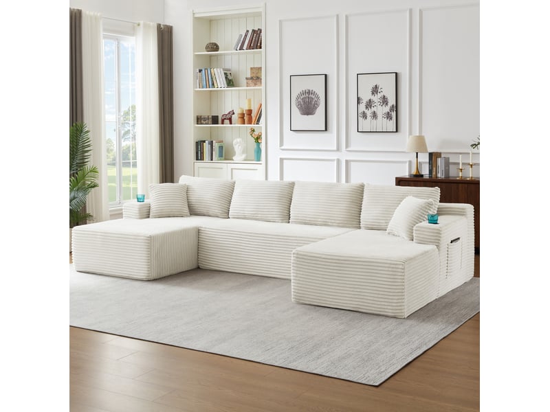 Canapé modulable en u 6 places sans structure rigide, en velours côtelé beige - Conforama B
