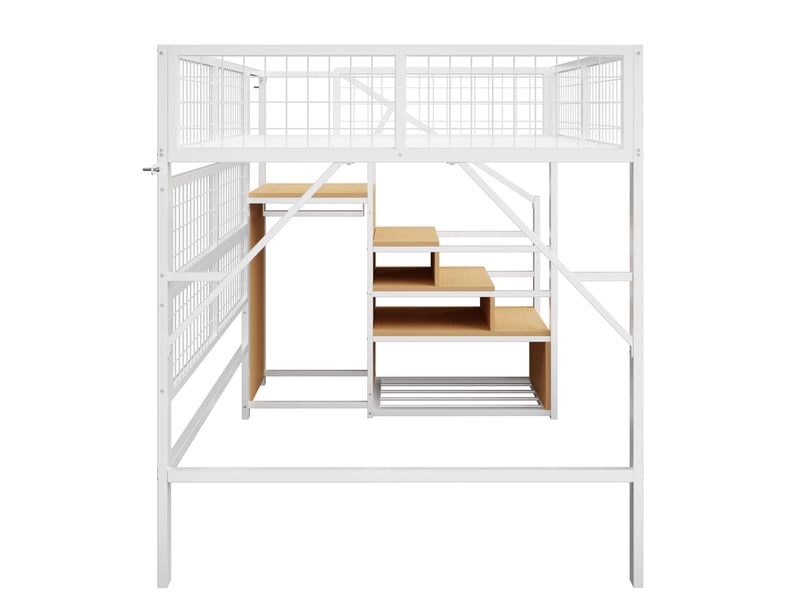 Lit mezzanine 140x200 cm avec escalier, rangements et led pilotées par application blanc  - Conforama E