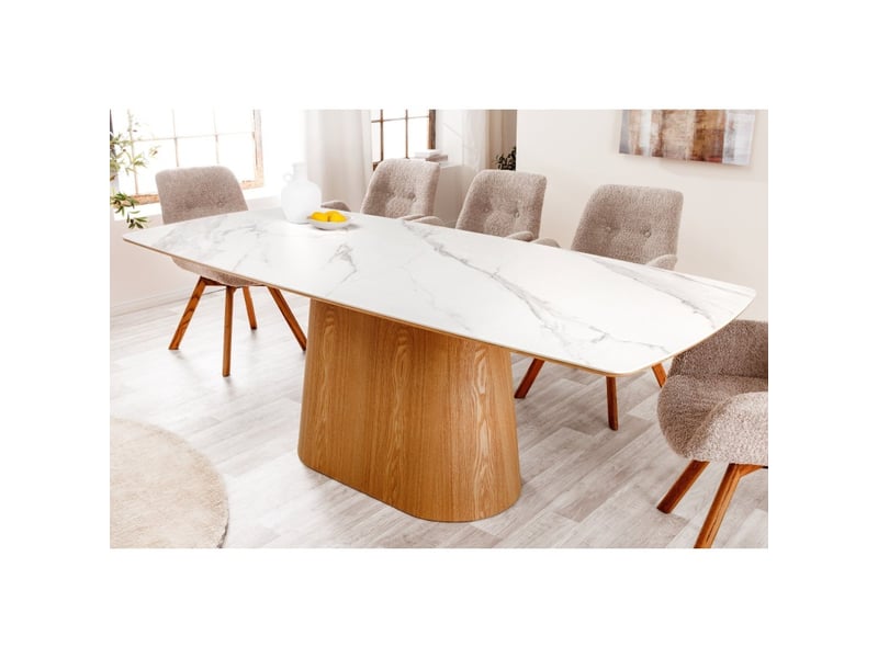  Table de salle à manger lumea – rectangulaire 200 cm – plateau céramique effet marbre blanc et pied aspect bois clair  - Conforama C