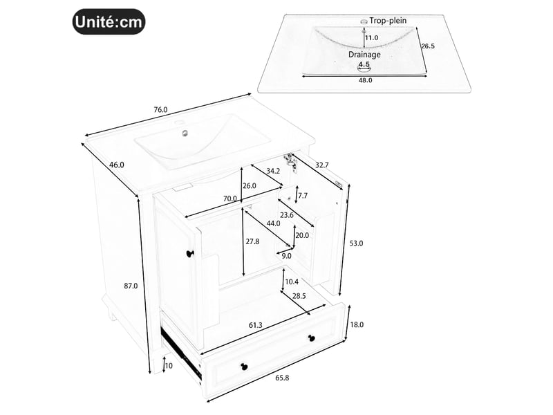  Meuble salle de bain gris 76x46x87cm meuble vasque sur pied avec pieds en bois massif  - Conforama E