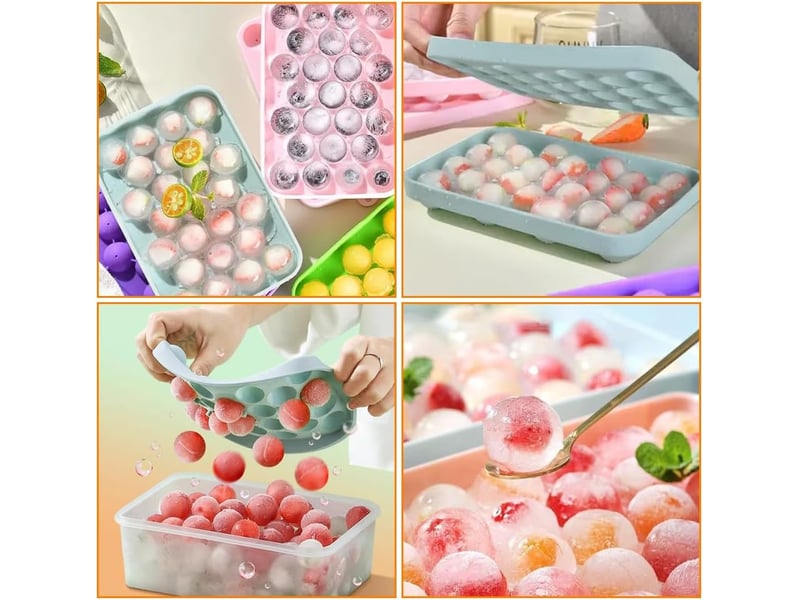 Lot de 2 moules à glaçons en silicone avec couvercles, 25 mini-bacs à glaçons ronds, empilables et réutilisables (rose et bleu) - Conforama E