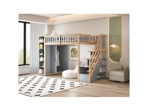 Lit mezzanine multifonction 90x200 cm – rangements, grand placard, étagères, échelle de sécurité, gris et bois naturel