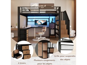 Lit mezzanine 140x200 cm <strong></strong> <strong></strong> coloris noir