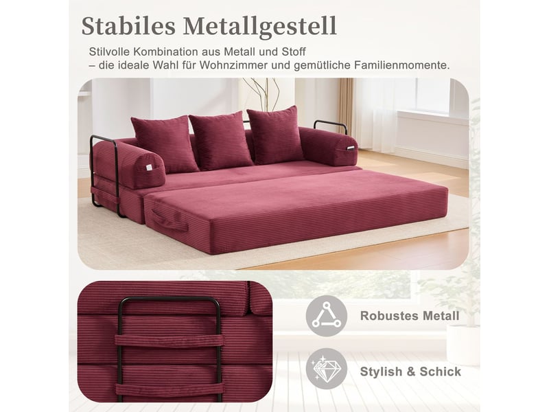  Canapé structure métallique robuste poches latérales 3 coussins inclus association métal et tissu coloris bordeaux pliable et compressible  - Conforama B