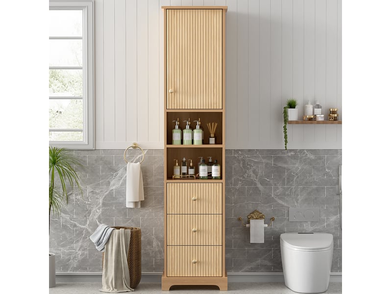  Colonne de salle de bain 40x30x172 cm mdf naturel, 3 tiroirs et 1 porte  - Conforama D