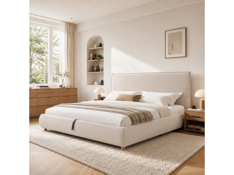  Lit coffre rembourré 180 × 200 cm avec sommier à lattes, velours crème Fay Lum - Conforama E