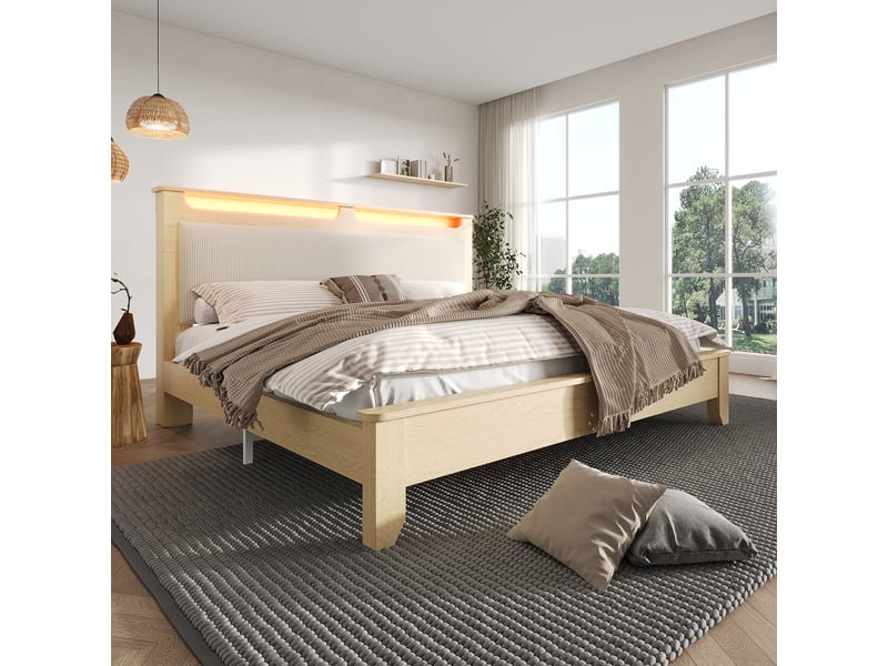  Lit coffre 180 x 200 cm, lit adulte avec rangement, rangement hydraulique, étagères ouvertes, éclairage led, sommier à lattes inclus, tissu, beige Morn Vibe - Conforama D