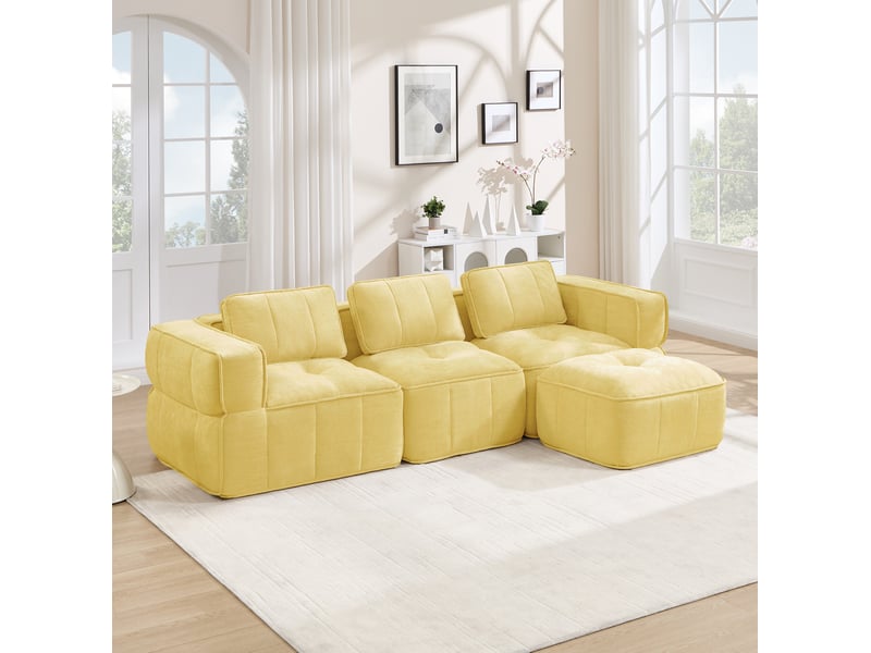  Canapé d'angle modulaire 3 places avec pouf, assise profonde et mousse 32d, sans cadre en polyester jaune  - Conforama D