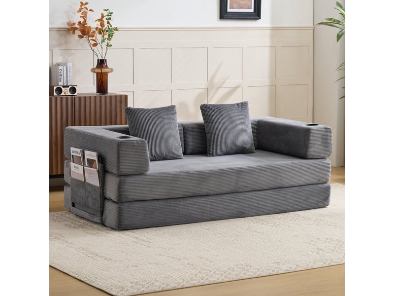  Canapé convertible pliable avec accoudoirs rabattables  - porte-gobelets et poches velours côtelé gris foncé  - Conforama B