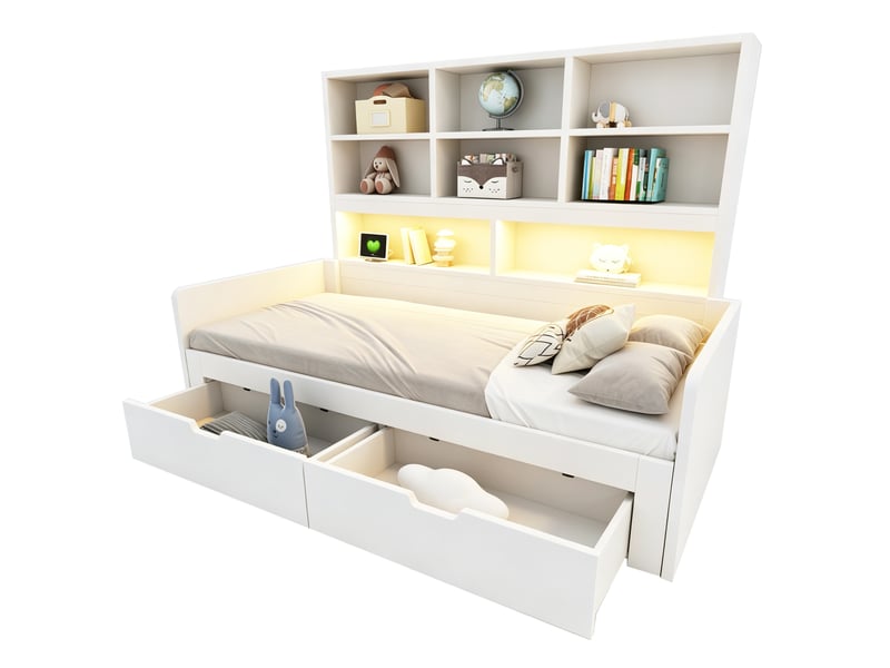  Lit jeune, lit gigogne 90180x200 cm avec rangement, led et prises, mdf couleur blanc  - Conforama A