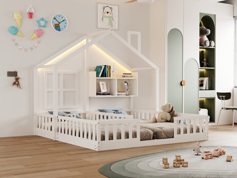 Lit double au sol 2 × 90 × 200 cm, forme cabane, barrières, étagères et led, bois et mdf blanc, deux couchages enfants - Conforama B