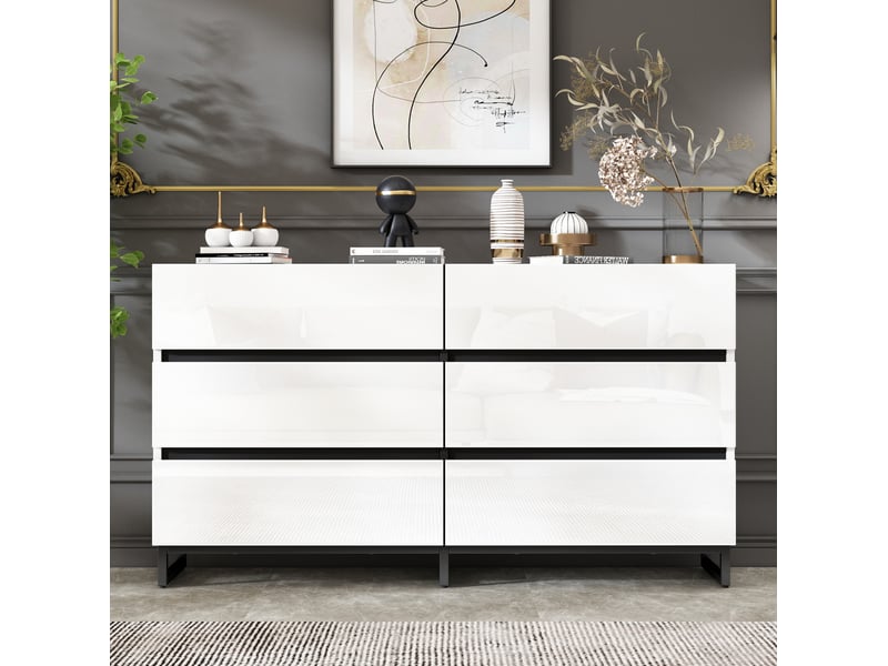  Commode bas 6 tiroirs 140 x 39,5 x 78,5 cm rangement optimal pieds métal symétrie 60kg panneau particules blanc et noir  - Conforama R