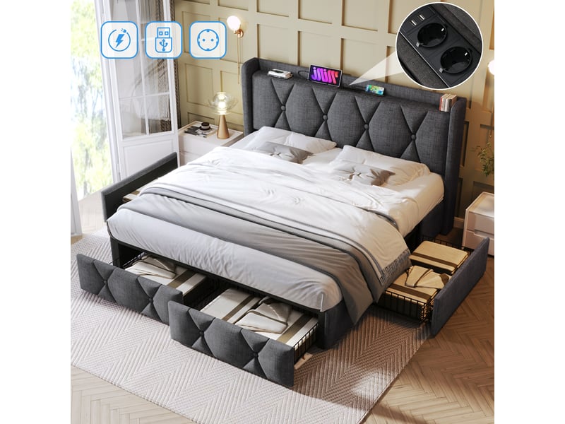 Lit double 140x200 cm - lit double capitonné avec matelas inclus, 4 tiroirs et ports usb, tissu gris - Conforama D