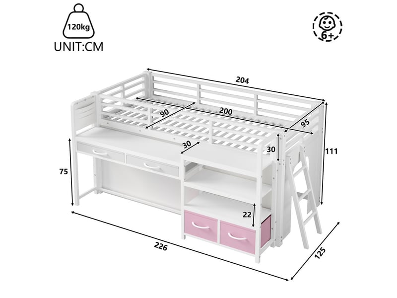  Lit mezzanine métal 90x200 cm - avec bureau et 4 tiroirs - étagères et éclairage led - barrières de sécurité - blanc(sans matelas)  - Conforama C