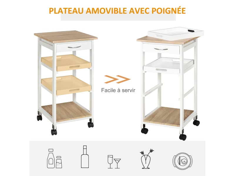  Chariot de service desserte de cuisine à roulettes 2 plateaux amovibles, étagère chêne clair blanc, tiroir  - Conforama E