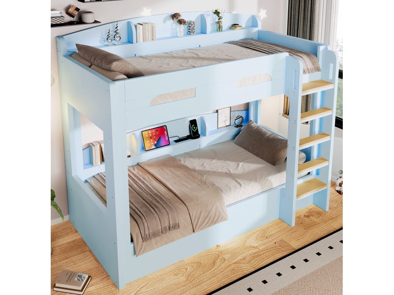  Lit superposé 90x200 cm, 2 couchages, prise usb, rangements latéraux, mdf et pin, bleu clair, sans matelas  - Conforama D