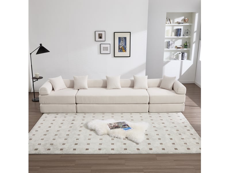  Canapé modulable convertible 4 places en velours côtelé beige, rangement latéral et modules flexibles  - Conforama D