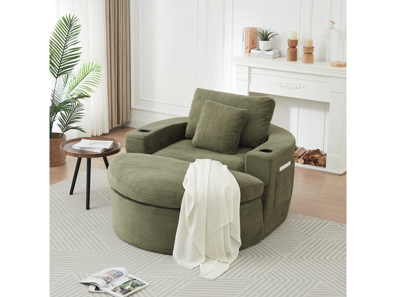  Fauteuil lounge xxl 156 x 136 x 88 cm avec pouf, rangement, porte-gobelet et double coussin, velours côtelé, mousse et ressorts, vert OMNIGLINT TRADING LTD - Conforama E