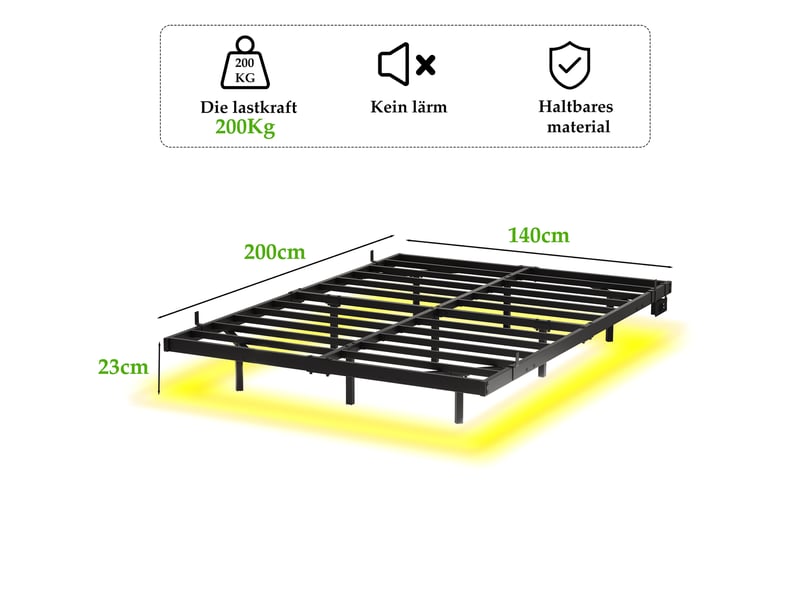 Cadre de lit 140 x 200 cm en métal noir avec sommier à lattes, led et station de charge - Conforama E
