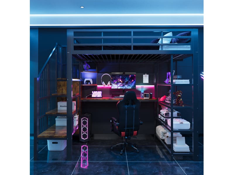 Lit mezzanine 140x200 cm – noir – mezzanine avec bureau, escalier de rangement, led, prises - sans matelas  - Conforama B