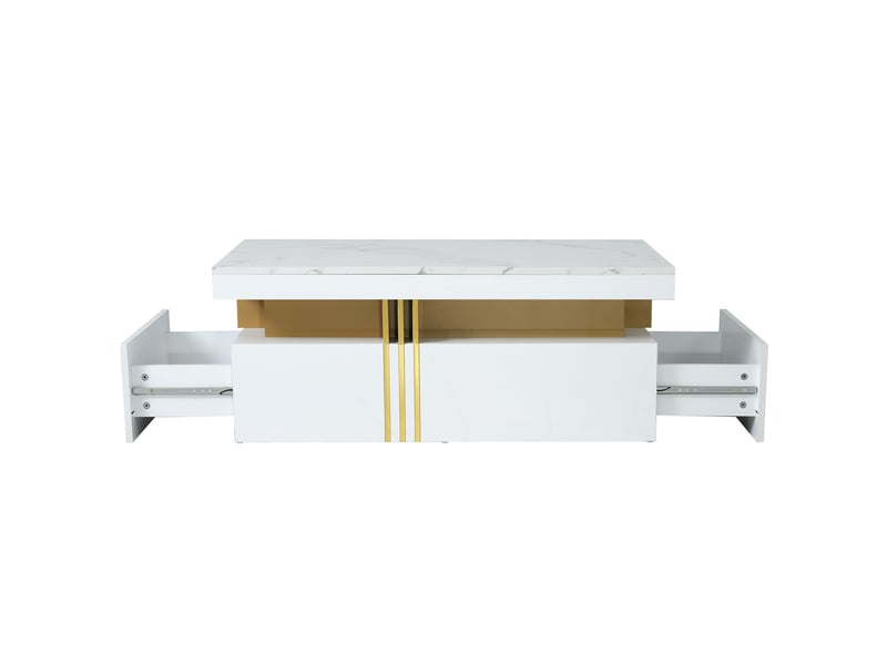  Table basse rectangulaire moderne avec plateau laqué brillant, 2 tiroirs en bois, plateau effet marbre, pour salon, 100 x 50 x 40 cm  - Conforama E