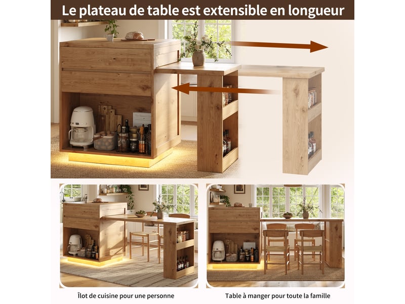 Îlot central de cuisine extensible 122-194,5 cm effet bois naturel avec 4 tiroirs, placard latéral, led et plan de travail extensible Morn Vibe - Conforama E