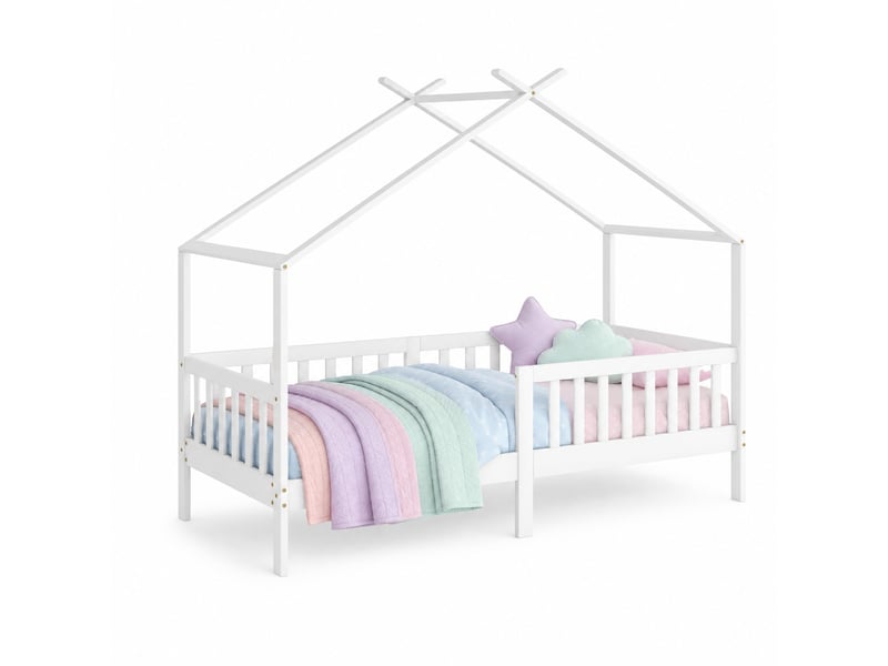  Lit cabane enfant simple 90×200 cm avec barrière et rangement  - sans matelas, bois massif blanc  - Conforama A