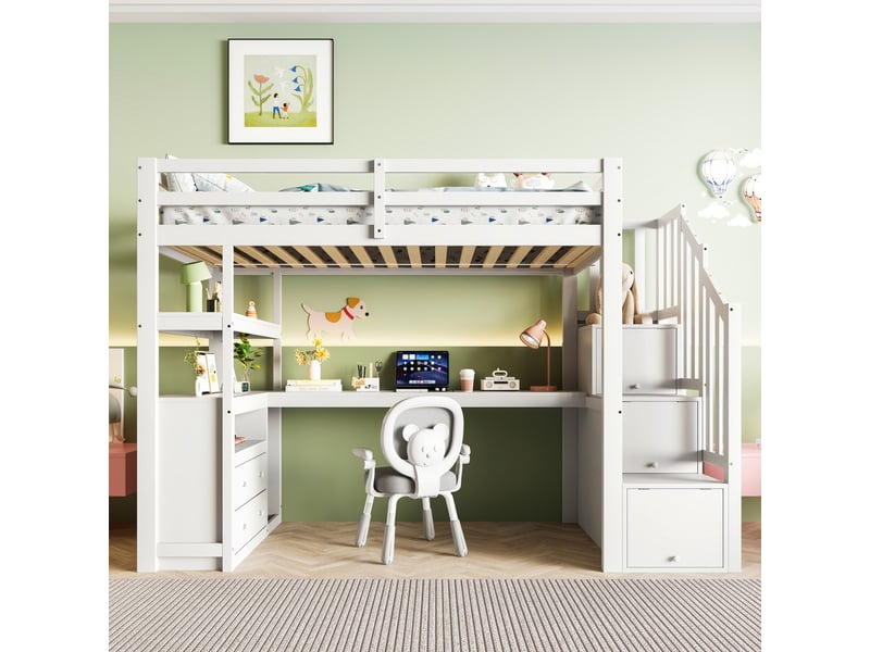 Lit mezzanine 90x200cm avec bureau échelle rangement tiroirs blanc - Conforama D
