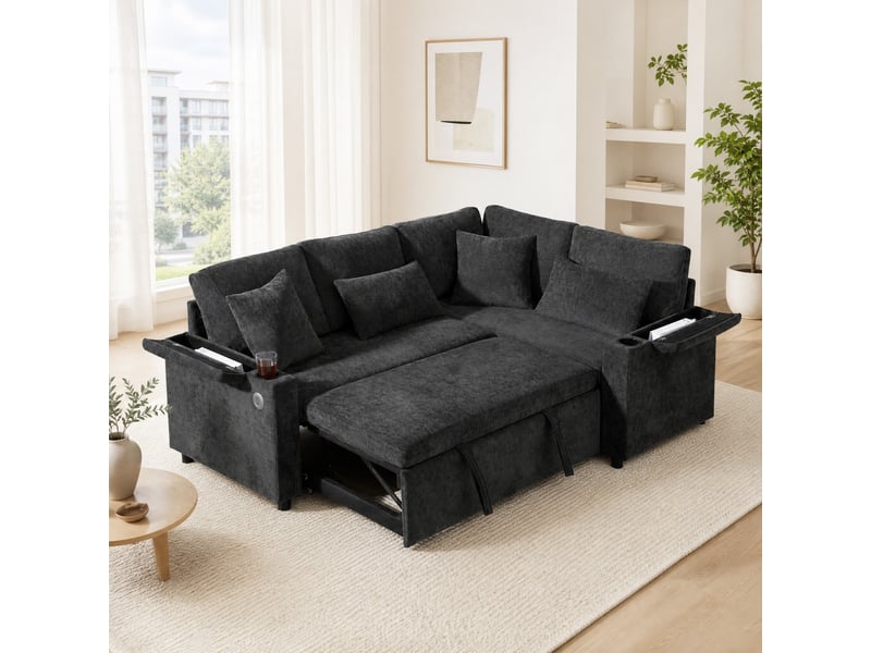  Canapé d'angle convertible modenvie 4 places avec méridienne droite fixe, rangement, usb et porte-gobelet, chenille gris foncé 206,5 x 141 x 86 cm  - Conforama B