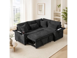 Canapé d'angle droit convertible <strong>MODENVIE</strong> <strong></strong> 4 places Tissu gris avec coffre de rangement
